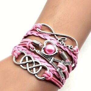 Multi Charm Leather Bracelet Infinity Love Symbol Heart Eifeltower and‎ Celtic